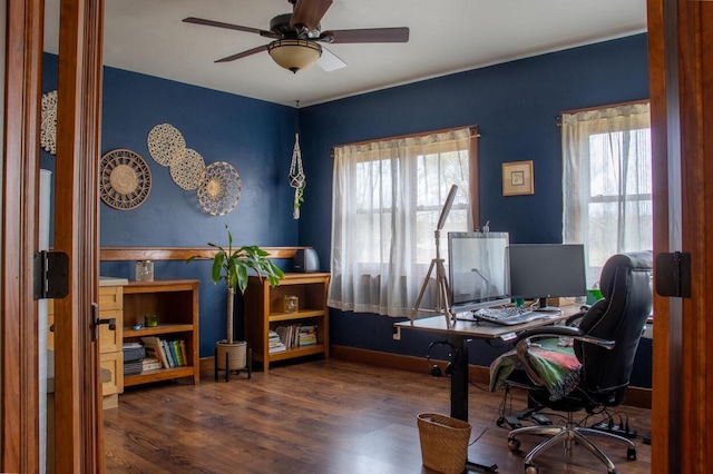 953 Larkspur Rd, Plymouth, WI 53073 - office with plenty of natural light, wood finished floors, and a ceiling fan