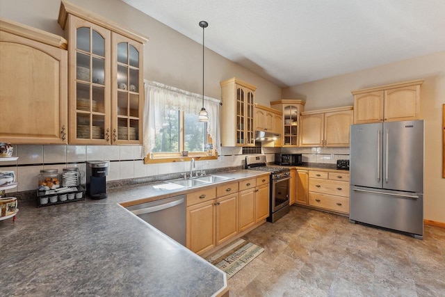 E9510 Oak Hill Rd, Wisconsin Dells, WI 53965 - kitchen featuring appliances with stainless steel finishes, a sink, light brown cabinets, and under cabinet range hood