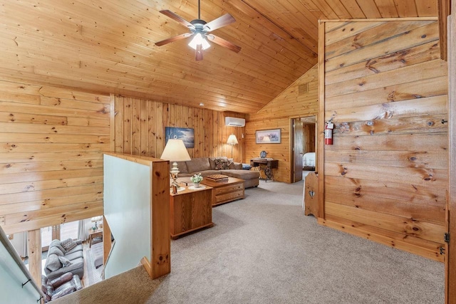 E9510 Oak Hill Rd, Wisconsin Dells, WI 53965 - living area featuring light colored carpet, wood walls, wooden ceiling, lofted ceiling, and an AC wall unit
