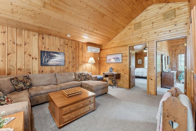 E9510 Oak Hill Rd, Wisconsin Dells, WI 53965 - carpeted living area featuring a wall unit AC, lofted ceiling, wooden walls, and wooden ceiling