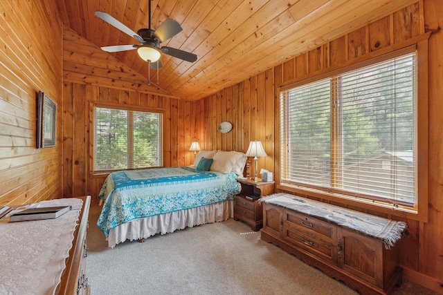 E9510 Oak Hill Rd, Wisconsin Dells, WI 53965 - carpeted bedroom with lofted ceiling, wooden walls, wood ceiling, and a ceiling fan