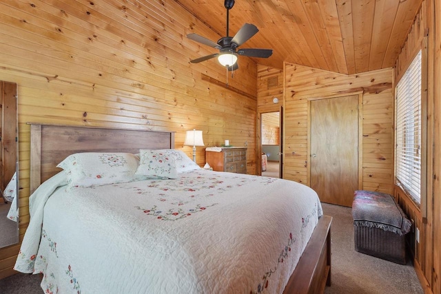 E9510 Oak Hill Rd, Wisconsin Dells, WI 53965 - bedroom featuring wooden walls, carpet, multiple windows, lofted ceiling, and wooden ceiling