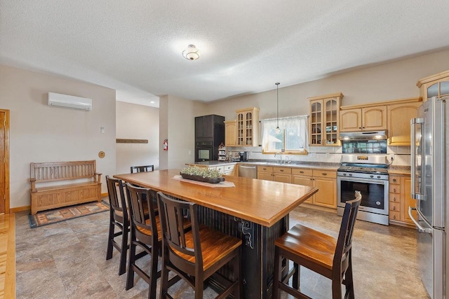 E9510 Oak Hill Rd, Wisconsin Dells, WI 53965 - kitchen with appliances with stainless steel finishes, under cabinet range hood, a wall mounted AC, light brown cabinetry, and a textured ceiling