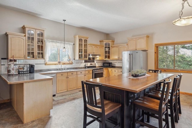 E9510 Oak Hill Rd, Wisconsin Dells, WI 53965 - kitchen featuring appliances with stainless steel finishes, light brown cabinetry, under cabinet range hood, a peninsula, and a textured ceiling
