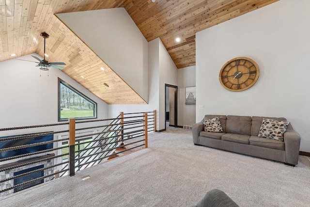 S952 W Redstone Dr, La Valle, WI 53941 - living area with carpet, ceiling fan, wooden ceiling, high vaulted ceiling, and recessed lighting