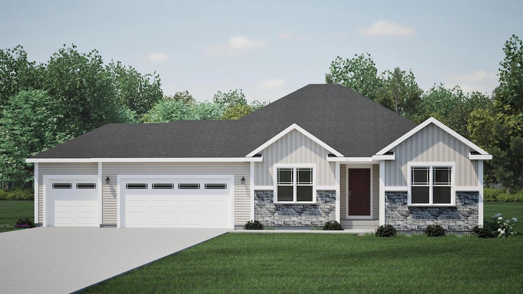 N156W19249 E Gate Dr, Jackson, WI 53037 - view of front facade with board and batten siding, an attached garage, stone siding, and a front lawn
