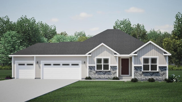 N156W19249 E Gate Dr, Jackson, WI 53037 - view of front facade with board and batten siding, an attached garage, stone siding, and a front lawn