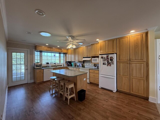 1263 N Parker Dr, Janesville, WI 53545 - kitchen with white appliances, a sink, ornamental molding, healthy amount of natural light, and dark wood-style floors