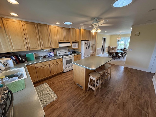 1263 N Parker Dr, Janesville, WI 53545 - kitchen with white appliances, under cabinet range hood, a sink, a ceiling fan, and a kitchen bar