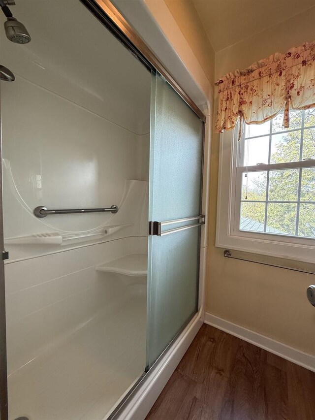 1263 N Parker Dr, Janesville, WI 53545 - full bathroom featuring a shower stall, wood finished floors, and baseboards
