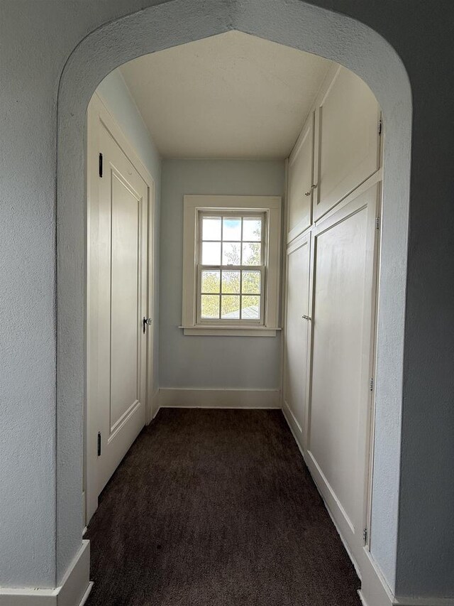 1263 N Parker Dr, Janesville, WI 53545 - hall featuring arched walkways, dark carpet, and baseboards