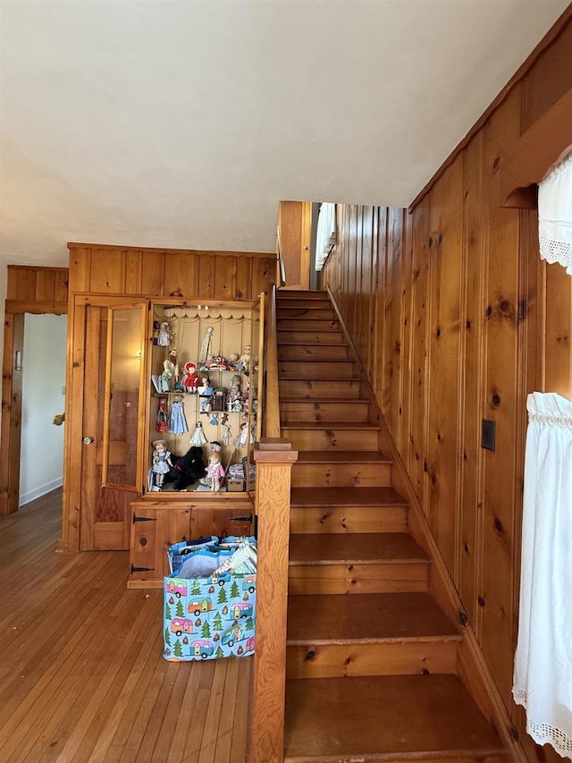 1263 N Parker Dr, Janesville, WI 53545 - stairway with wood walls and hardwood / wood-style flooring