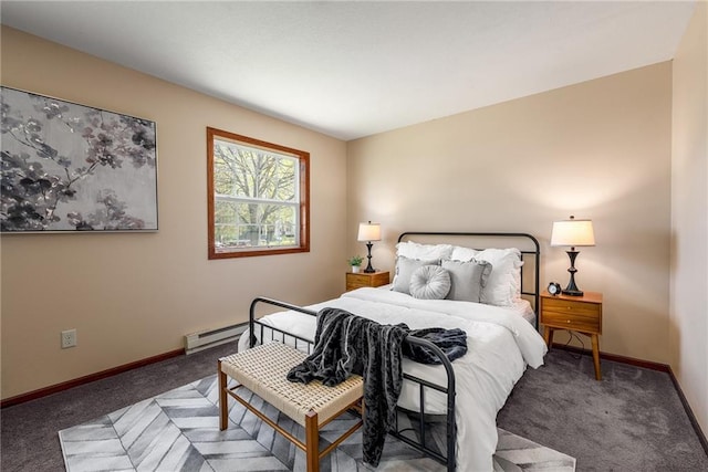 carpeted bedroom featuring baseboards and a baseboard radiator