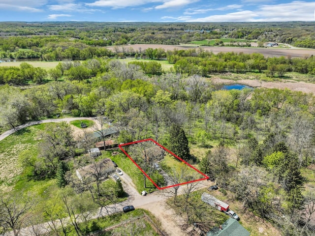 aerial overview of property's location with property parcel outlined, a large body of water, and a forest