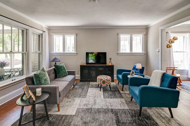 3112 Monroe St, Madison, WI 53711 - living area with wood finished floors, healthy amount of natural light, baseboards, and crown molding