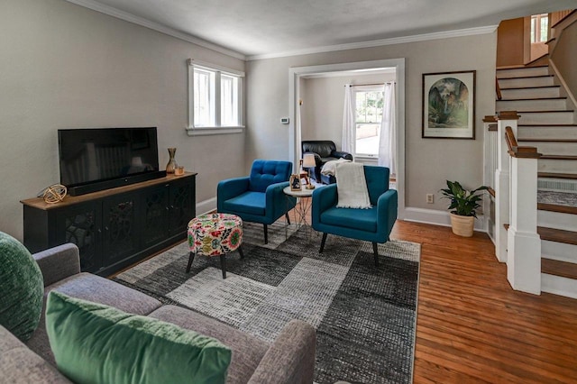 3112 Monroe St, Madison, WI 53711 - living area featuring stairs, plenty of natural light, ornamental molding, wood finished floors, and baseboards