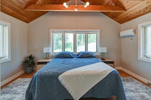 3112 Monroe St, Madison, WI 53711 - bedroom featuring wood ceiling, a wall mounted air conditioner, wood finished floors, and baseboards