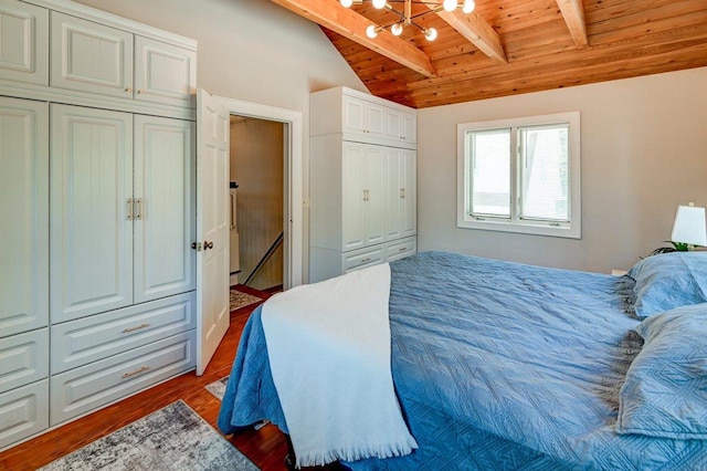 3112 Monroe St, Madison, WI 53711 - bedroom with wooden ceiling, a chandelier, wood finished floors, and multiple closets