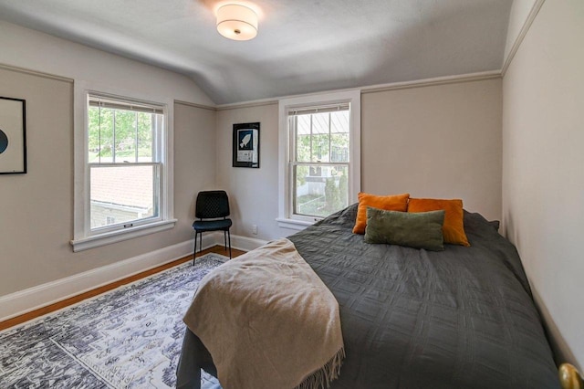 3112 Monroe St, Madison, WI 53711 - bedroom featuring vaulted ceiling, multiple windows, baseboards, and wood finished floors