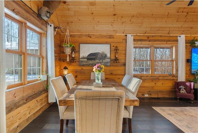 744 50th Ave, Clear Lake, WI 54005 - dining area with wooden walls, dark wood-style floors, and wood ceiling