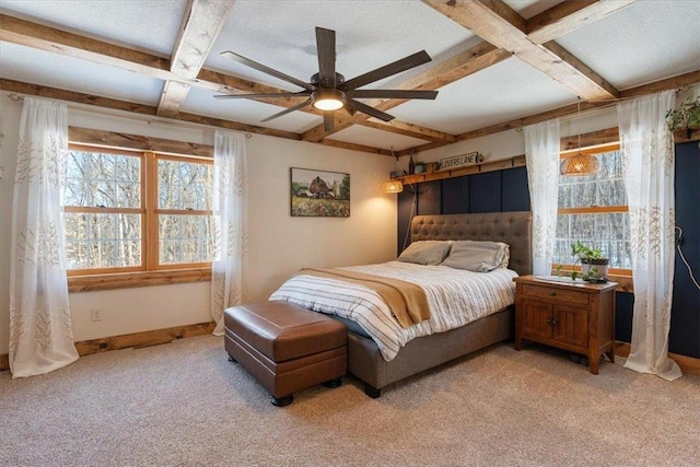 744 50th Ave, Clear Lake, WI 54005 - bedroom featuring coffered ceiling, light colored carpet, beamed ceiling, baseboards, and a ceiling fan