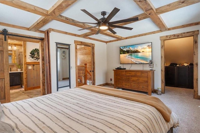 744 50th Ave, Clear Lake, WI 54005 - carpeted bedroom with coffered ceiling, beamed ceiling, a barn door, baseboards, and ensuite bathroom