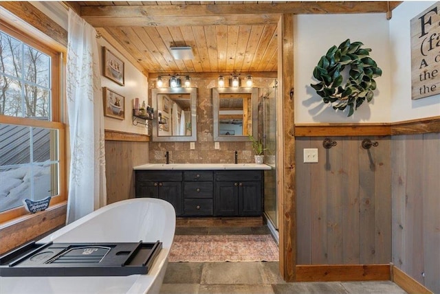 744 50th Ave, Clear Lake, WI 54005 - full bath featuring wood ceiling, a freestanding tub, double vanity, wood walls, and a shower
