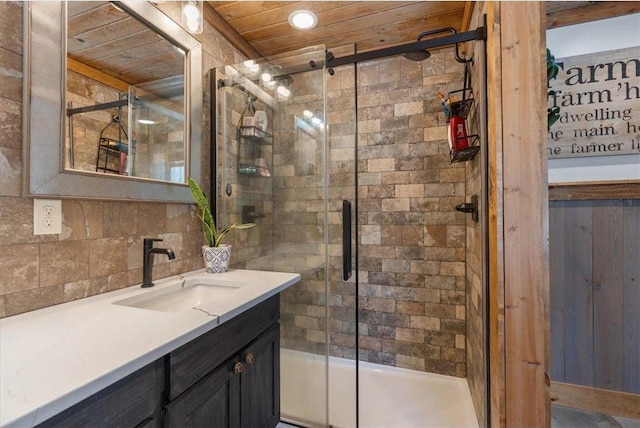744 50th Ave, Clear Lake, WI 54005 - full bath with a stall shower, wood ceiling, vanity, and decorative backsplash
