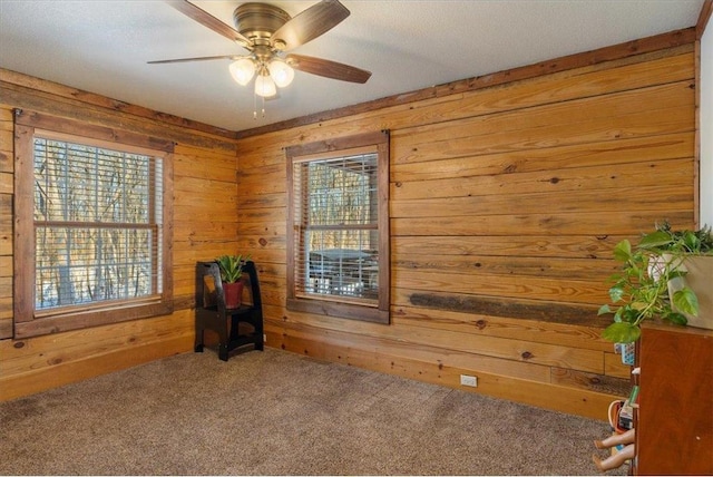 744 50th Ave, Clear Lake, WI 54005 - carpeted empty room with wooden walls and a ceiling fan
