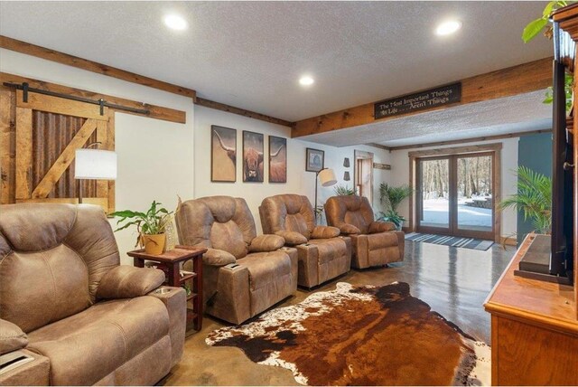 744 50th Ave, Clear Lake, WI 54005 - living room featuring a textured ceiling, recessed lighting, concrete flooring, and a barn door
