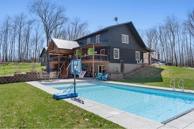 744 50th Ave, Clear Lake, WI 54005 - outdoor pool featuring stairs, a wooden deck, a yard, a hot tub, and a patio