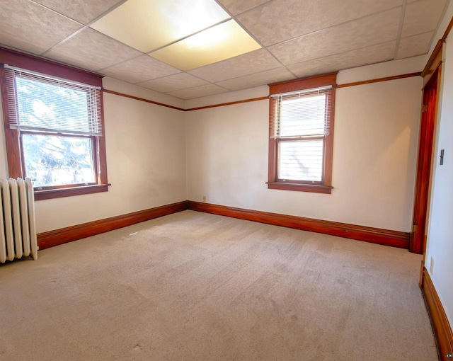 spare room with carpet flooring, plenty of natural light, baseboards, and a drop ceiling