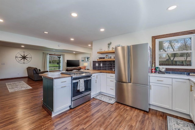 3877 Apple Ln, Oshkosh, WI 54902 - kitchen with stainless steel appliances, open floor plan, a peninsula, dark wood-style flooring, and white cabinetry