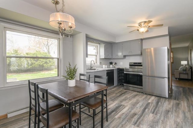 2334 W Custer Ave, Glendale, WI 53209 - kitchen with stainless steel appliances, gray cabinetry, a sink, light countertops, and a baseboard heating unit