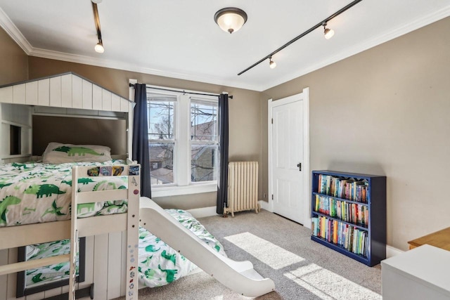 114 E Washington St, West Bend, WI 53095 - carpeted bedroom featuring track lighting, radiator heating unit, crown molding, and baseboards