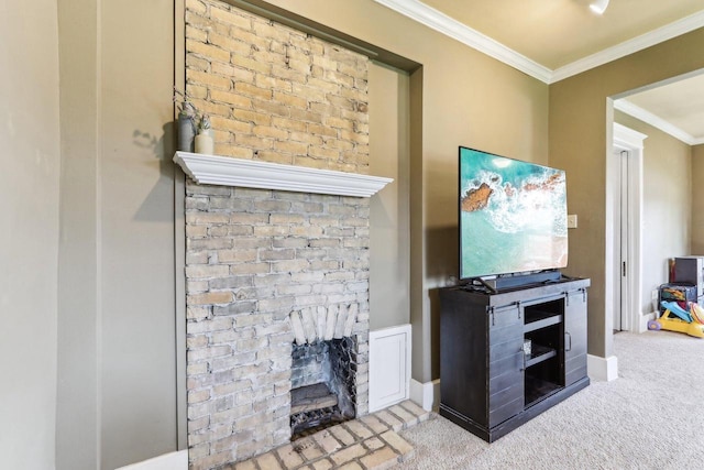 114 E Washington St, West Bend, WI 53095 - carpeted living area with ornamental molding and a brick fireplace