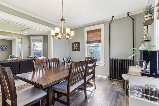 114 E Washington St, West Bend, WI 53095 - dining room featuring radiator, ornamental molding, a chandelier, dark wood-style flooring, and baseboards