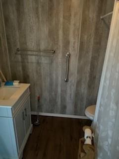 bathroom featuring baseboards, toilet, vanity, and wood finished floors