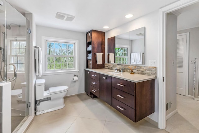 2305 W County Line Rd, River Hills, WI 53217 - bathroom with toilet, vanity, a shower stall, backsplash, and recessed lighting