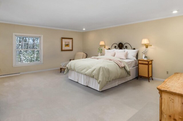 2305 W County Line Rd, River Hills, WI 53217 - bedroom featuring baseboards, light colored carpet, crown molding, recessed lighting, and a baseboard heating unit