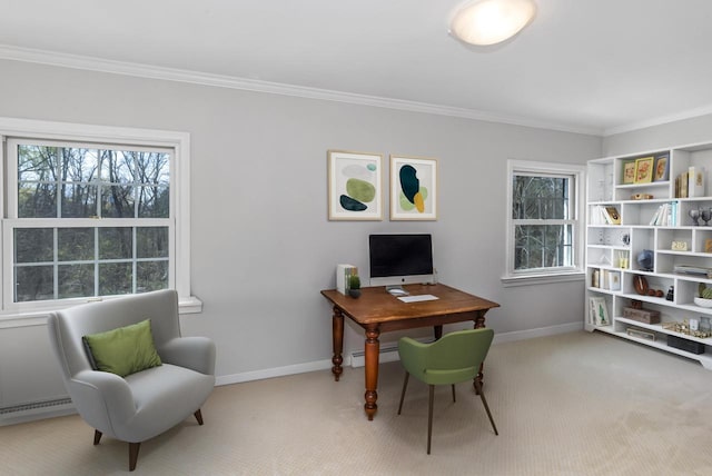 2305 W County Line Rd, River Hills, WI 53217 - office featuring ornamental molding, baseboards, carpet floors, and plenty of natural light