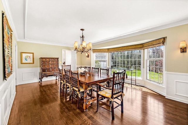 2305 W County Line Rd, River Hills, WI 53217 - dining space with ornamental molding, a wainscoted wall, plenty of natural light, a chandelier, and dark wood-style floors