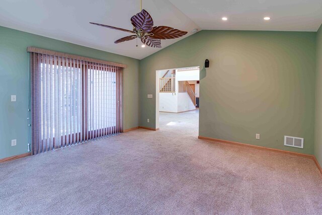 8200 43rd Ave, Kenosha, WI 53142 - spare room with baseboards, carpet, ceiling fan, lofted ceiling, and recessed lighting