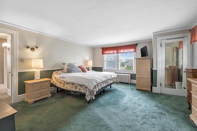 215 W Walworth St, Elkhorn, WI 53121 - carpeted bedroom with radiator heating unit, crown molding, wallpapered walls, and baseboards