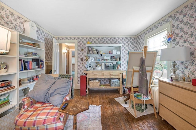 215 W Walworth St, Elkhorn, WI 53121 - sitting room featuring wallpapered walls, crown molding, and wood finished floors