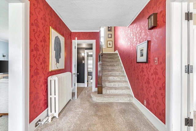 215 W Walworth St, Elkhorn, WI 53121 - staircase with radiator, wallpapered walls, a textured ceiling, carpet, and baseboards