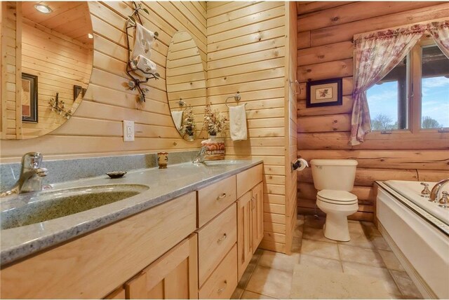 N5502 90th St, Elmwood, WI 54740 - full bath featuring log walls, toilet, double vanity, and a tub to relax in