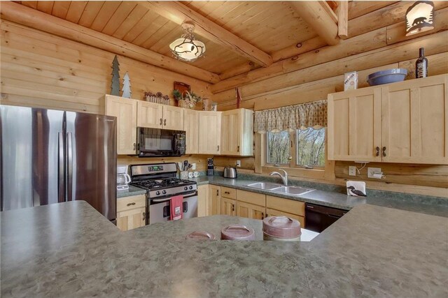 N5502 90th St, Elmwood, WI 54740 - kitchen with black appliances, a sink, light brown cabinets, wood ceiling, and beamed ceiling