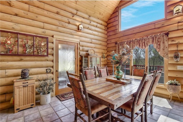 N5502 90th St, Elmwood, WI 54740 - dining room featuring high vaulted ceiling, log walls, wood ceiling, and light tile patterned floors