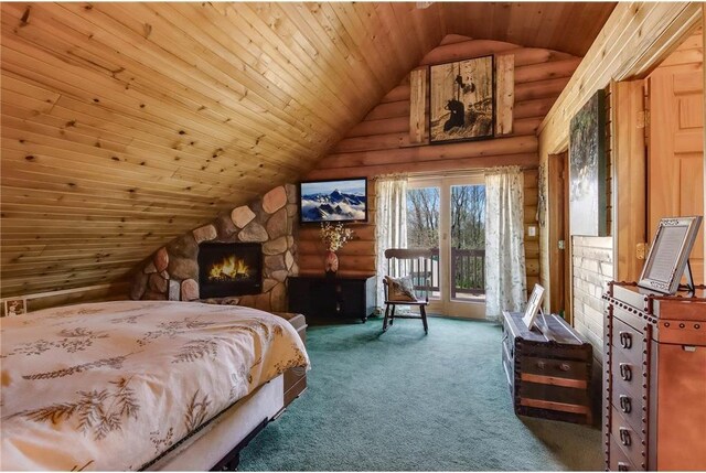 N5502 90th St, Elmwood, WI 54740 - carpeted bedroom featuring rustic walls, access to outside, vaulted ceiling, and wood ceiling